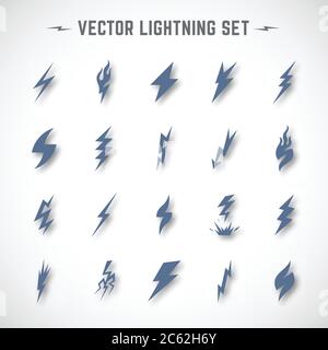 Vector Lightning Bolt or Blizzard Icon Set in Material Design with Soft Realistic Shadows. Thunderbolt silhouettes. Stock Vector