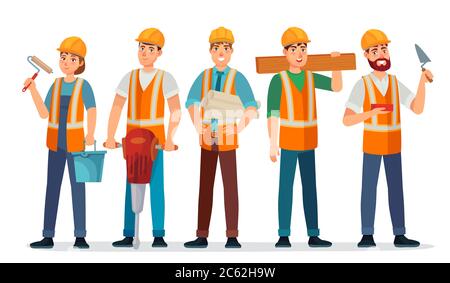 Professional builders team. Contractor in helmet, builder engineer and workers people cartoon vector illustration Stock Vector