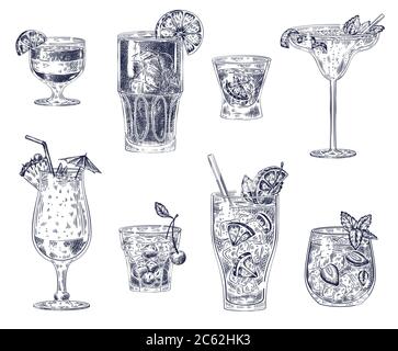 Sketch cocktails. Alcoholic drinks, cocktails. Pina colada, americano and vodka, cherry cocktail and margarita, sangria for menu vector set Stock Vector