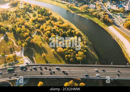 Mahiliou, Belarus. Aerial View Of Bridge over the Dnieper river In Mogilev. Aerial View Of Skyline In Autumn Day. Bird's-eye View Stock Photo