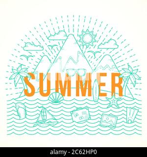 Line Style Flat Vector Summer Illustration with Isle, Ocean, Mountains, Palmtrees, Shell, Yacht and Travel Icons. Stock Vector