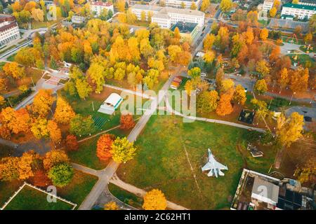Pinsk, Brest Region Of Belarus, In The Polesia Region. Pinsk Cityscape Skyline In Autumn Day. Bird's-eye View Of City Park With Military Aircraft And Stock Photo