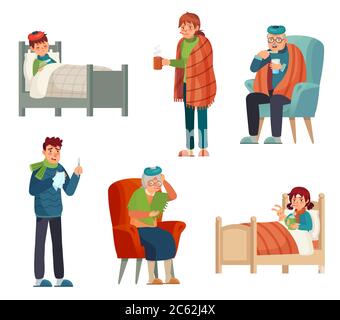 Sick people. Kids, adult and old persons with flu and cold. Coronavirus covid-19 and quarantine self-isolation cartoon vector characters Stock Vector