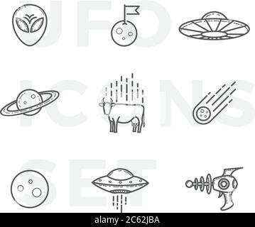 Outline Style Abstract Vector UFO or Alien Icons Set. Premium Space Symbols and Signs. Stock Vector