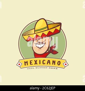 Mexican in Traditional Sombrero Abstract Vector Sign or Logo Template. Smiling Man with Mustache and Hat Symbol. Stock Vector