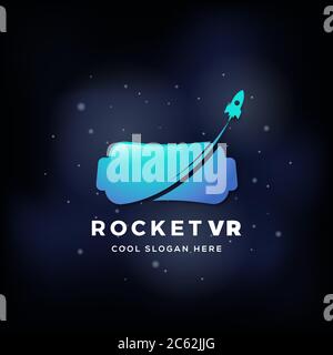 Virtual Reality Rocket Abstract Vector Icon, Sign, or Logo Template. Electronic Glasses Headset Silhouette on Realistic Space Background Stock Vector