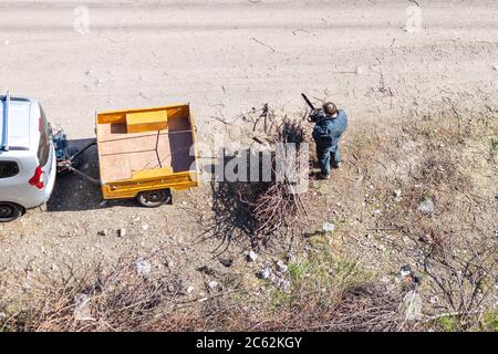 Top view of the man standing at the dried braches gathered in a pile and going to cut them. Car with yellow cargo trailer on cart road. Stock Photo