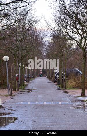 Road between houses and trees after the rain. Reflections of lights. Spring. Stock Photo
