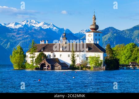 Gmunden Schloss Ort or Schloss Orth in the Traunsee lake in Gmunden city. Schloss Ort is an Austrian castle founded around 1080 year. Stock Photo