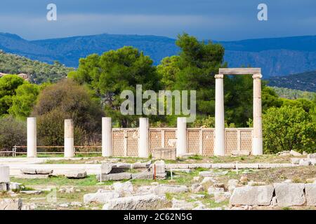 The Sanctuary Of Asklepios ruins at the Epidaurus in Greece. Epidaurus is a ancient city dedicated to the ancient Greek God of medicine Asclepius. Stock Photo