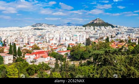 Mount Lycabettus, also known as Lykabettos, Lycabettos or Lykavittos. It is a Cretaceous limestone hill in Athens, Greece. Stock Photo