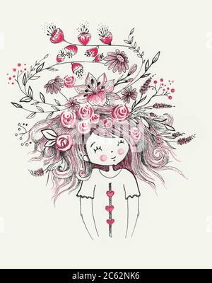 Smily cute girl with floral thoughts.for t-shirt print or postcard Stock Photo