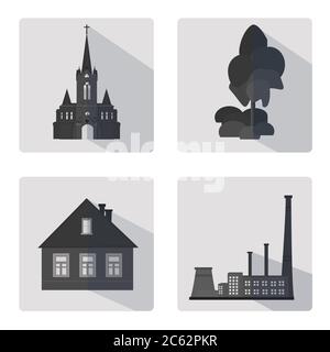 Set of flat icons. Cityscape in black and white Stock Vector