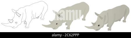 Set of icons in isometric. Rhinoceros in three styles. Stock Vector