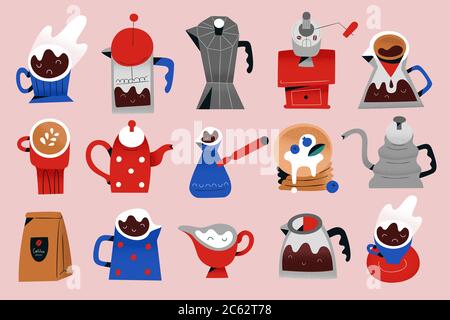 Coffee icons set, vector illustrations of utensils and tools for brewing and serving coffee at coffee shop or cafe, moka pot, cappuccino cup, mugs and Stock Vector