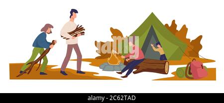Camping family burning logs, active leisure vacations outdoors Stock Vector