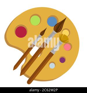 Artists palette with paints and brushes for drawing Stock Vector