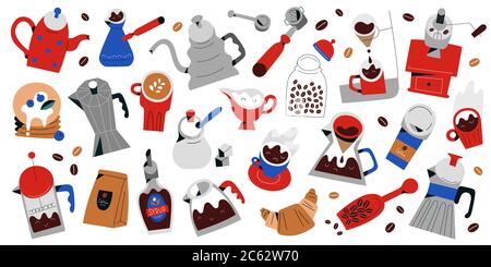 Big coffee set, hand drawn icons, tools, utensils for coffee drinks preparation and brewing, cups and mugs, pots and desserts, isolated objects, flat Stock Vector