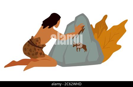 Caveman painting bison on rock with paints vector Stock Vector