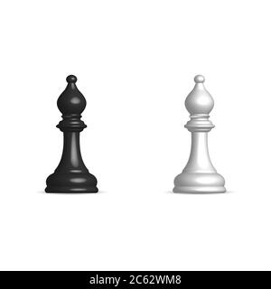 Photo realistic black and white chess piece bishop. Front wiev, vector illustration. Stock Vector