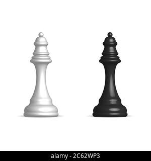 Photo realistic black and white chess piece queen. Front view, vector illustration. Stock Vector