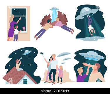 Interaction of ufo and people, abduction of flying saucer Stock Vector