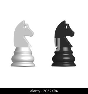 Photo realistic black and white chess piece knight. Front view, vector illustration. Stock Vector