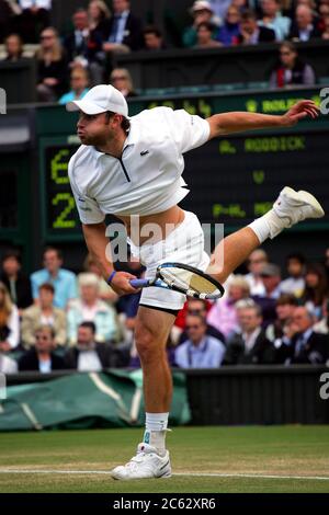 Andy Roddick in action against Paul-Henri Mathieu during their fourth round match at Wimbledon in 2007. Stock Photo