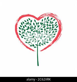 An abstract illustration of a tree growing in the shape of a heart concept design. Brush strokes in the shape of a heart Stock Vector