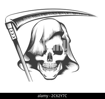 Grim Reaper Tattoo. Skull in Hood with Scythe. vector illustration. Stock Vector