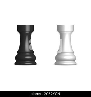 Photo realistic black and white chess piece rook. Front view, vector illustration. Stock Vector