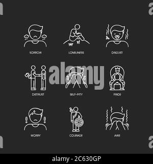 Negative feelings chalk white icons set on black background Stock Vector