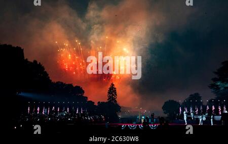 Fireworks explode over the National Mall during the annual Independence Day celebration on the South Lawn of the White House July 4, 2020 in Washington, DC.  - Stock Photo