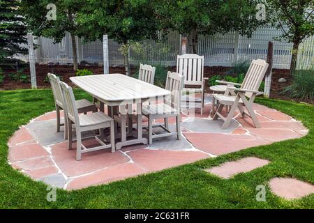 Slate paver patio; residential property; Salida; Colorado; USA Stock Photo