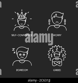 Negative emotions and bad feelings chalk white icons set on black background Stock Vector