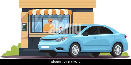 Snackbar attendant serving a car semi flat RGB color vector illustration Stock Vector
