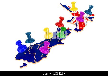 Map of New Zealand with colored push pins, 3D rendering isolated on white background Stock Photo