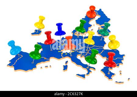 Map of the European Union with colored push pins, 3D rendering isolated on white background Stock Photo
