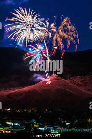 Fourth of July fireworks over 'S' Mountain; Salida; Colorado; USA Stock Photo
