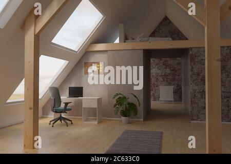 3d rendering of bright attic home office interior with roof beams and laminate floor Stock Photo