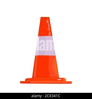 Traffic cone isolated on white background. Construction cone icon in flat style. White and orange road cone. Alert cone logo.Stock vector illustration Stock Vector