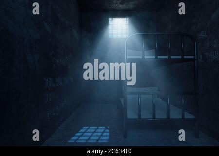 3d rendering of grunge prison cell with bunk bed and light ray of window at night Stock Photo