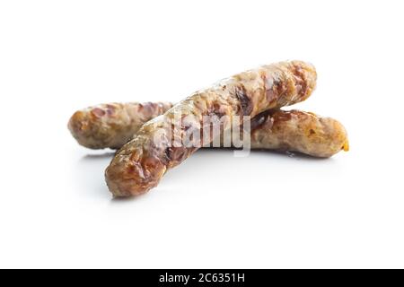 Grilled white sausages isolated on white background. Stock Photo