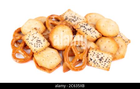 Mix crackers isolated on white background. Dry cracker cookies isolated. Salty snacks isolated. Stock Photo