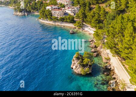 Famous Punta Rata beach with little island in Brela, Dalmatia, Croatia Stock Photo