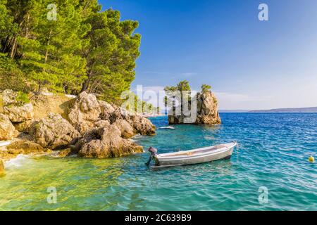 Famous Punta Rata beach with little island in Brela, Dalmatia, Croatia Stock Photo