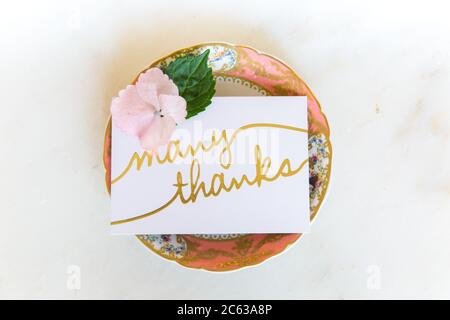 Colorful plate holding a 'many thanks' note / card Stock Photo