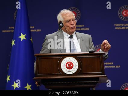 Ankara. 6th July, 2020. Josep Borrell, High Representative of the EU for Foreign Affairs and Security Policy, speaks during a joint press conference with Turkish Foreign Minister Mevlut Cavusoglu (not in the picture) in Ankara, Turkey, on July 6, 2020. Turkey on Monday vowed to retaliate the European Union if the bloc decides to impose new sanctions on Turkey due to disagreement over the Eastern Mediterranean. Credit: Xinhua/Alamy Live News Stock Photo