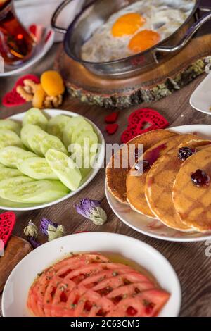Delicious traditional turkish breakfast on table Stock Photo