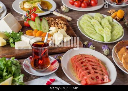 Delicious traditional turkish breakfast on table Stock Photo